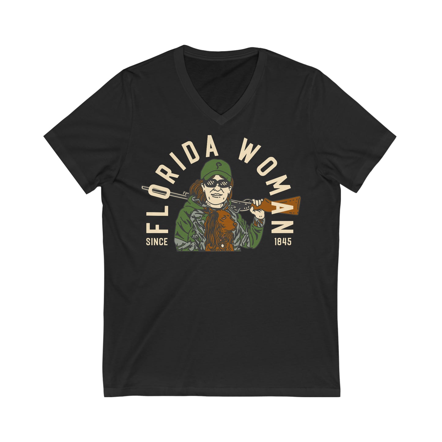 Florida Woman - Huntress of the South - Unisex Jersey Short Sleeve V-Neck Tee